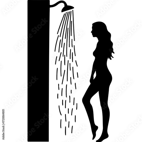 Woman standing under shower water in silhouette illustration of wellness  