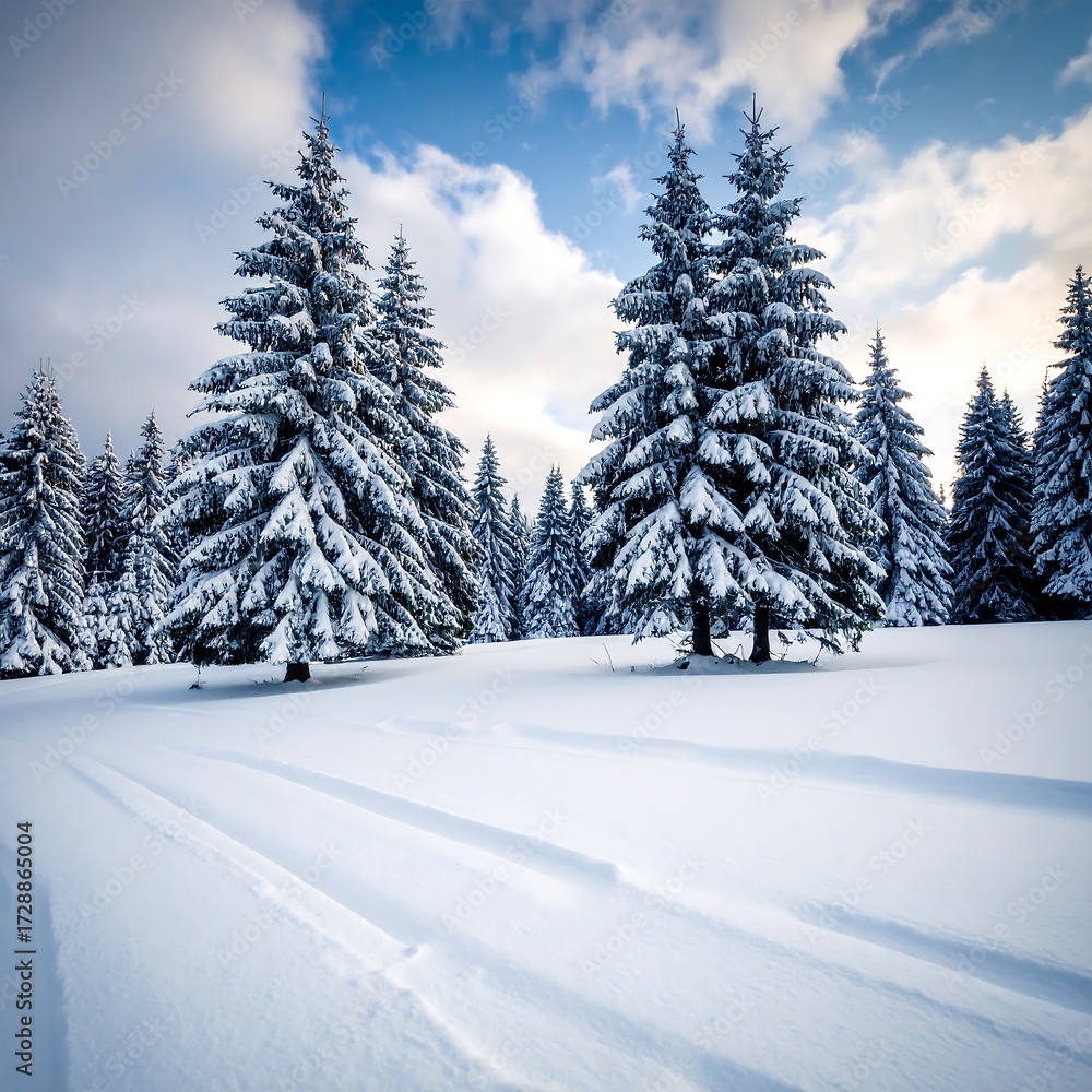 Fototapeta premium Snowy pine trees on a winter landscape