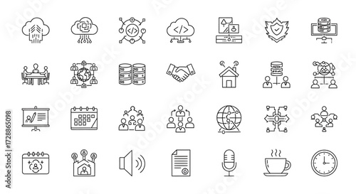 Comprehensive Set of Outline Icons Modern Technology, Digital Business, Cloud Computing, Data Security, Global Communication, and Management Solutions Concepts