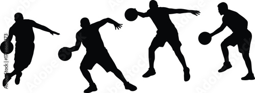 Silhouette of basketball players dribbling ball in different action poses, isolated on white background, concept of sports training, fitness, teamwork and competition illustration