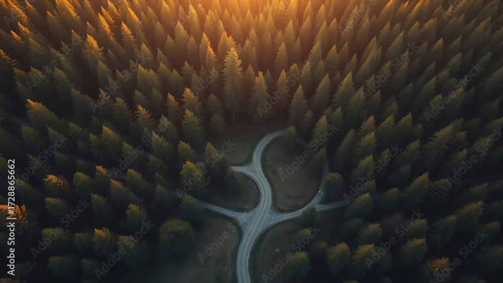 Obraz premium Aerial view of diverging forest paths at golden hour, symbolizing life choices and natural beauty.