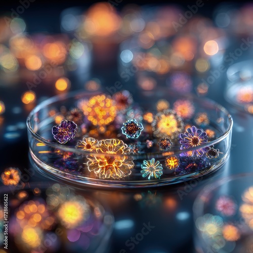 Colorful Glowing Microorganisms In Petri Dish
