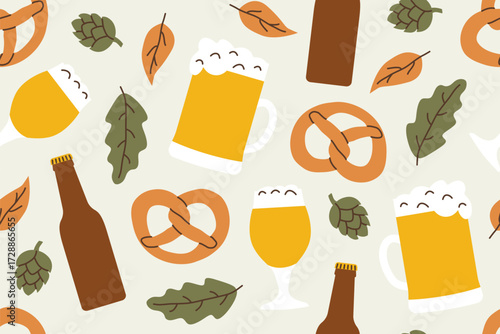 seamless pattern with beer mugs, hop cones, pretzels, and autumn leaves; beer festival concept, perfect for wrapping paper, textiles, greeting cards, digital backgrounds, and seasonal decorations