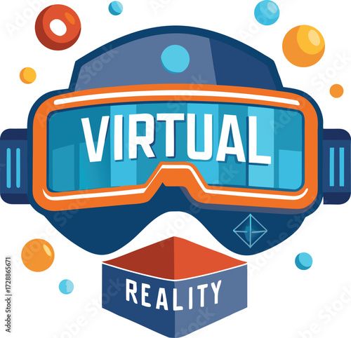Stylized Virtual Reality Headset Icon with Floating Digital Elements
