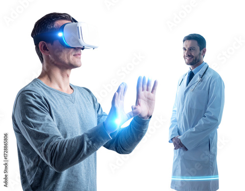  Virtual Reality Telemedicine Consultation with 3D Hologram Doctor, futuristic scene, isolated