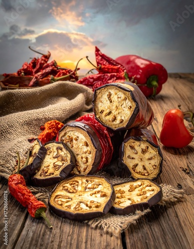 Dried eggplant slices with peppers