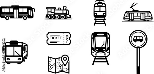 Set of transport icons featuring bus, train, tram, ticket, map, and bus stop sign