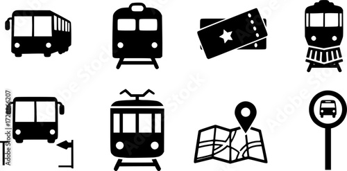 Set of transport icons featuring bus, train, tram, ticket, map, and bus stop sign