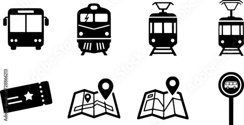 Set of transport icons featuring bus, train, tram, ticket, map, and bus stop sign