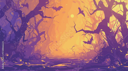 A dark forest filled with twisted trees and flying bats creates a spooky scene. The setting is illuminated by an orange glow, suggesting Halloween ambiance.