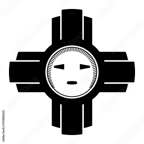 Original Zia Sun symbol. Solar sign with four sunbeams in each direction, as depicted on a pottery of the indigenous Zia people, which became the template for the symbol on the flag of New Mexico.