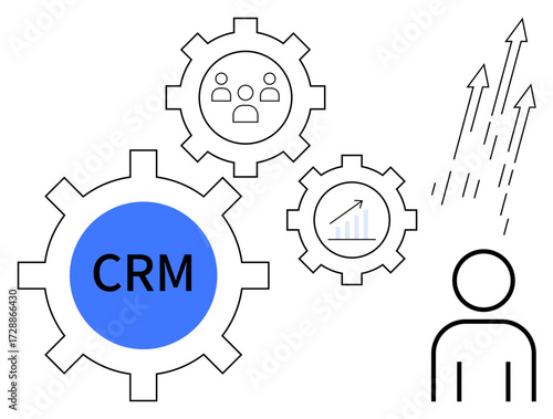 CRM gear with team, analytics, and growth icons beside user silhouette and arrows upward. Ideal for customer management, marketing, analytics, growth strategy, productivity teamwork sales. Clear