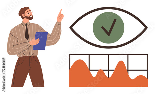 Man holding clipboard gesturing explanation alongside a verified eye symbol and line chart. Ideal for business, analytics, data review, strategy, progress tracking, presentation, simple flat metaphor