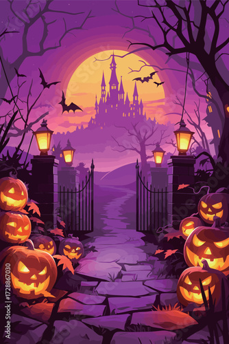 In a vibrant Halloween scene, glowing jack-o-lanterns line a cobblestone path leading to a dark, spooky castle. Bats flutter against a purple sky.