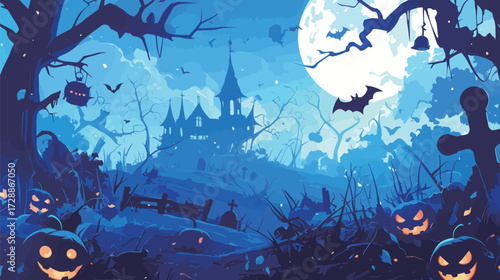 A dark, eerie landscape features a haunted house in the background, surrounded by twisted trees, bats flying, and glowing jack-o-lanterns scattered across a spooky field.