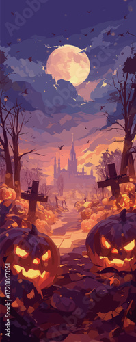 In a misty landscape, glowing carved pumpkins line a path leading to a haunted castle, with a full moon illuminating the eerie twilight. Bats fly overhead.