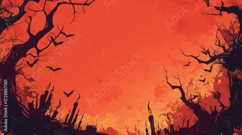 Dark, twisted trees stand silhouetted against a fiery orange sunset, while bats soar through the sky, creating a chilling atmosphere in the haunted forest.