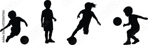 Silhouette of children playing soccer, boys and girls kicking ball, active kids sports activity, youth football training, healthy lifestyle, isolated white background illustration