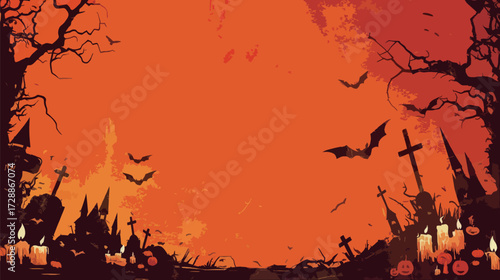 Dark silhouettes of bats and gravestones create a spooky Halloween scene. Jack-o-lanterns and candles add an eerie glow under an orange sky at dusk.