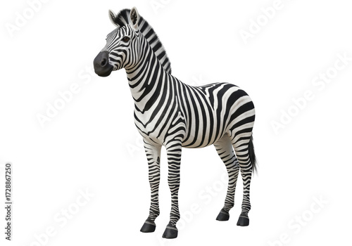 Isolated majestic zebra standing gracefully a beautiful African wildlife mammal with striking black and white stripes full body studio shot