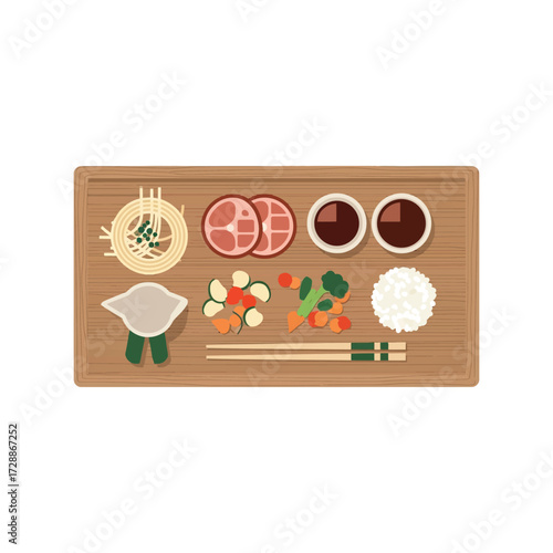 Top view wooden tray assortment delicious asian food components ready for meal preparation vector