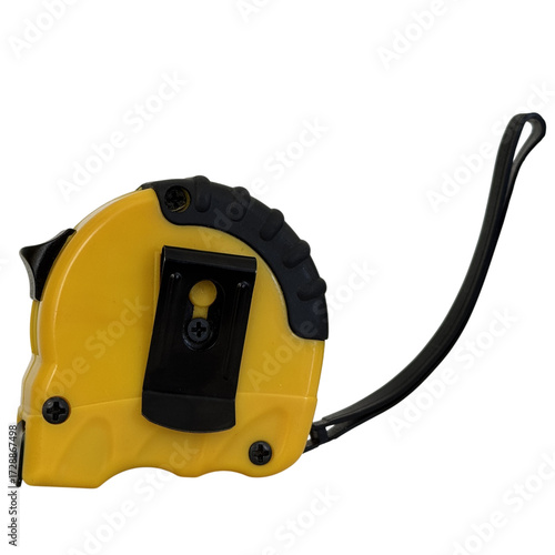 Compact yellow measuring tape for construction and household use isolated on white