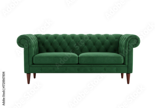 Isolated elegant green velvet Chesterfield two seater sofa classic furniture for modern home interior design comfort and style
