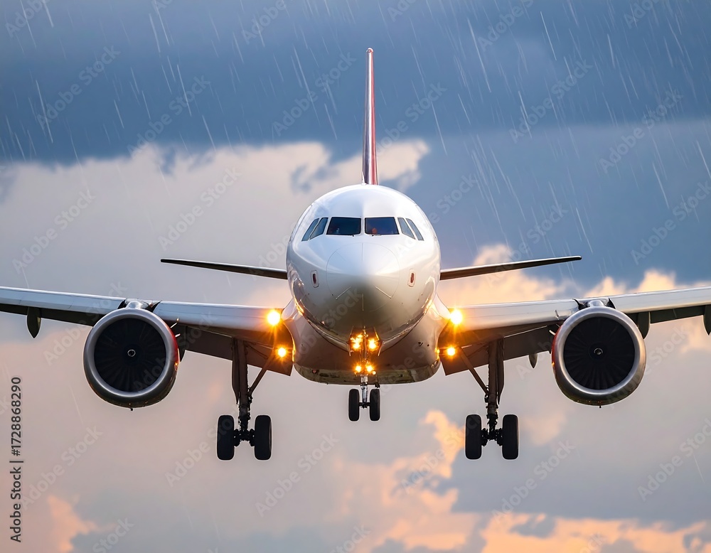 Naklejka premium Airplane landing in stormy weather