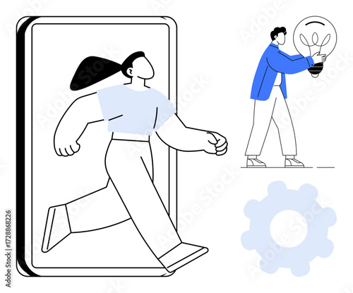 Woman stepping out of a smartphone symbolizing progress. Man holding a lightbulb signifying ideas. Gear icon represents creativity and teamwork. Ideal for innovation, entrepreneurship, efficiency