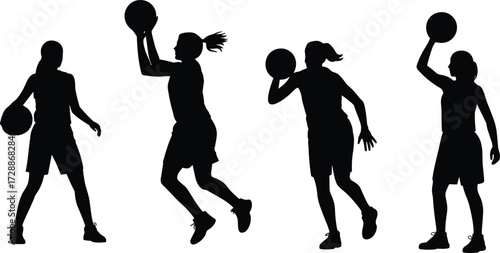 Silhouette of female basketball players in action, dribbling, shooting, holding ball, sports training, team game, athlete movement isolated on white background