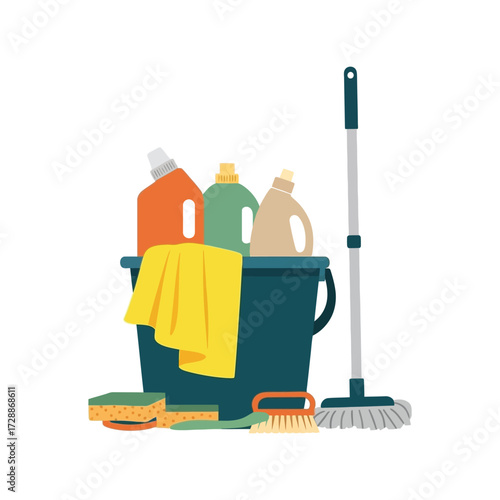 Household cleaning supplies bucket mop cloths sponges and brushes for home hygiene tasks vector