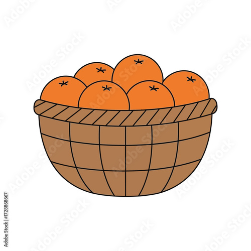 Fresh ripe oranges overflowing woven basket healthy fruit harvest vector