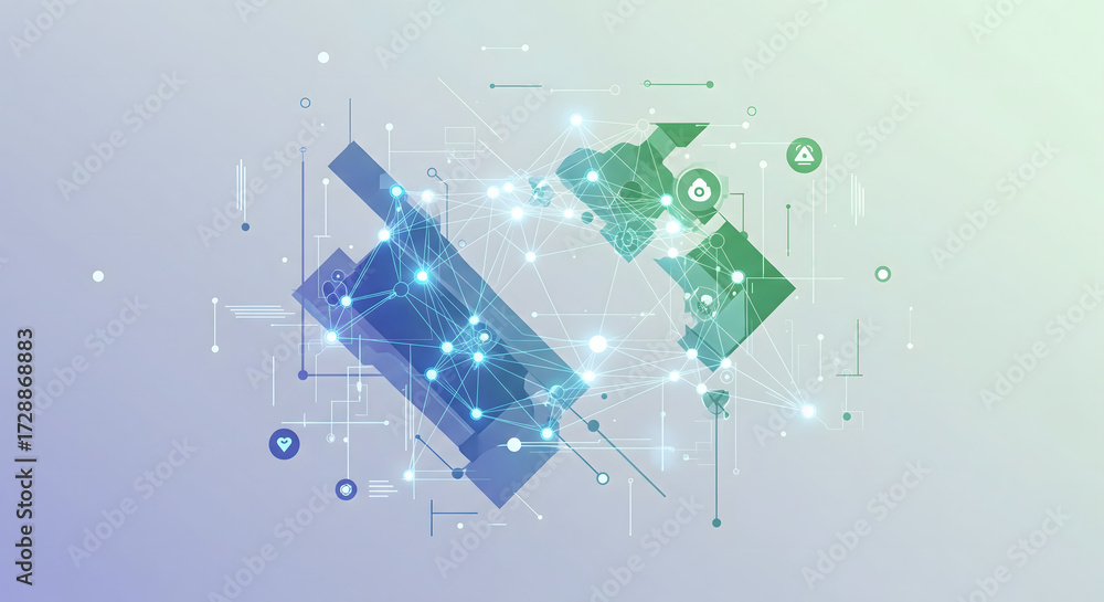 Obraz premium Network Connection Digital Illustration: A vibrant digital illustration representing interconnectedness, depicting a web of communication and data exchange between diverse elements.