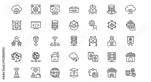 Essential collection of technology icons covering cloud computing, data analytics, network infrastructure, development, and digital security