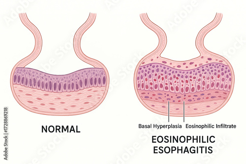 Anatomical illustration comparing normal esophagus tissue with tissue affected by eosinophilic esophagitis, highlighting basal hyperplasia and eosinophilic infiltrate.