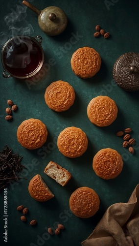 Moon cakes with tea and coffee beans on dark background. Top view. Moon cakes with tea pot and coffee beans on green background. Top view.

