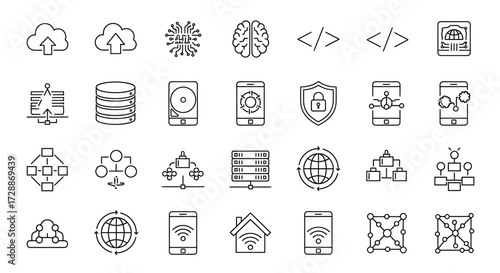 Extensive linear icon set illustrating modern digital technology, cloud computing, data security, artificial intelligence, and Internet of Things concepts for various digital infrastructure