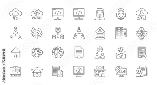 Essential line icons for robust cloud computing, secure data management, agile software development, and networked solutions, powering modern digital transformation