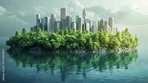 Futuristic city skyline on a lush green island surrounded by water