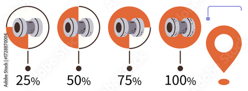 Gear elements progress from 25 to 100 completion alongside a locator pin symbol. Ideal for workflow, achievement, progress tracking, project completion, direction, planning, simple flat metaphor