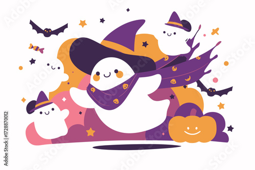 Happy ghosts wear hats and scarves while floating in a vibrant Halloween scene filled with bats and pumpkins. The colors create a joyful and festive atmosphere.