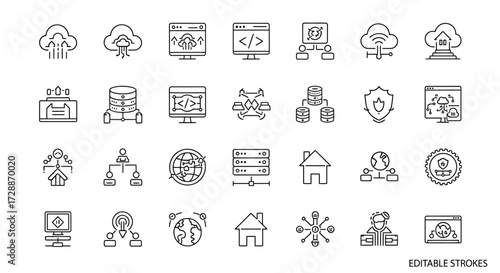 Streamlined line icon set showcasing essential concepts of cloud computing, data management, network infrastructure, and cybersecurity in a modern digital environment