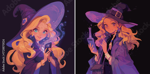 Two young witches confidently hold magical devices in a vivid, enchanting atmosphere. They showcase their style while casting spells, creating a whimsical scene.