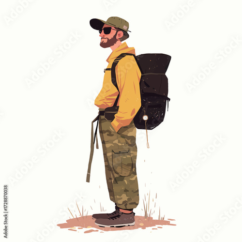 A man dressed in a yellow hoodie and camouflage pants stands confidently with a backpack. He enjoys the outdoors with a calm expression while wearing sunglasses and a hat.