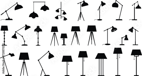 lamp, silhouette, vector, design, desk, floor, table, ceiling, hanging, modern, classic, interior, furniture, lighting, fixture, equipment, object, illustration, icon, decoration,  silhouette
