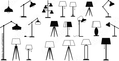 lamp, silhouette, vector, design, desk, floor, table, ceiling, hanging, tripod, modern, classic, interior, furniture, lighting, fixture, equipment, object, illustration, decoration,silhouet