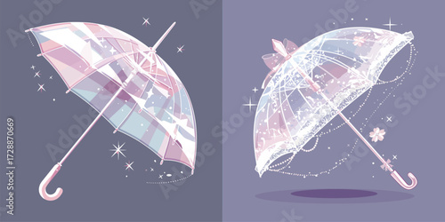 Two stunning transparent umbrellas are displayed, featuring soft pastel colors and charming decorations, ideal for brightening up rainy days.
