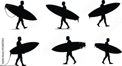A set of male surfers' silhouettes walking with surfboards, representing water sports, lifestyle, and summer.