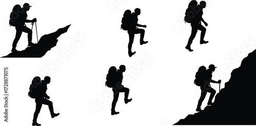 A set of male hikers and climbers' silhouettes in various poses with backpacks, representing adventure, nature, and sports.