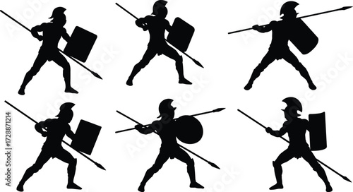 A set of ancient Greek warrior silhouettes with spears and shields, representing history, combat, and mythology.